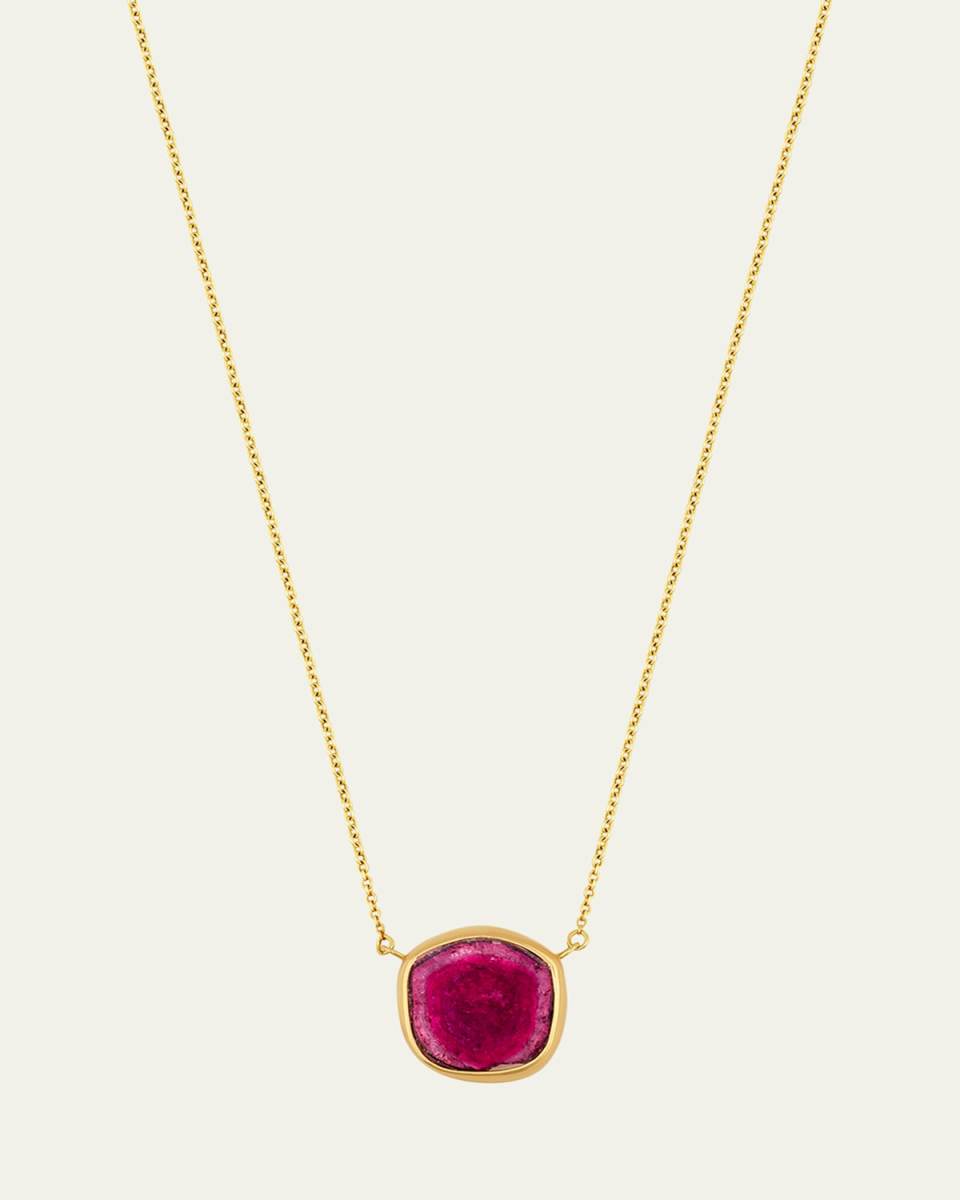 Watermelon Tourmaline Bezel Necklace in 14K Yellow Gold, 16-18"L